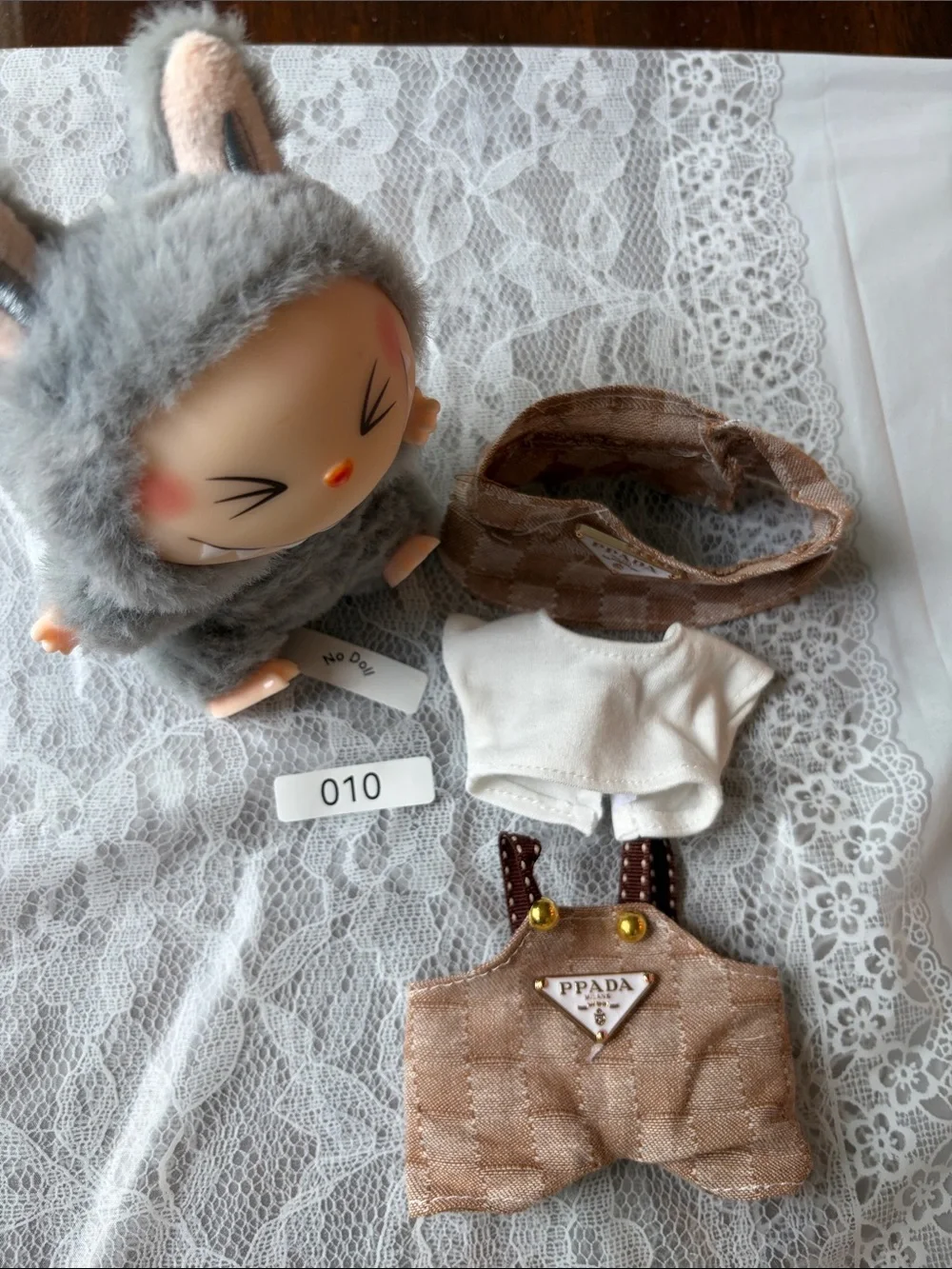 010, 3 Piece Prada Logo Beige Overalls/White shirt and hat 4 Labubu doll(No Doll
